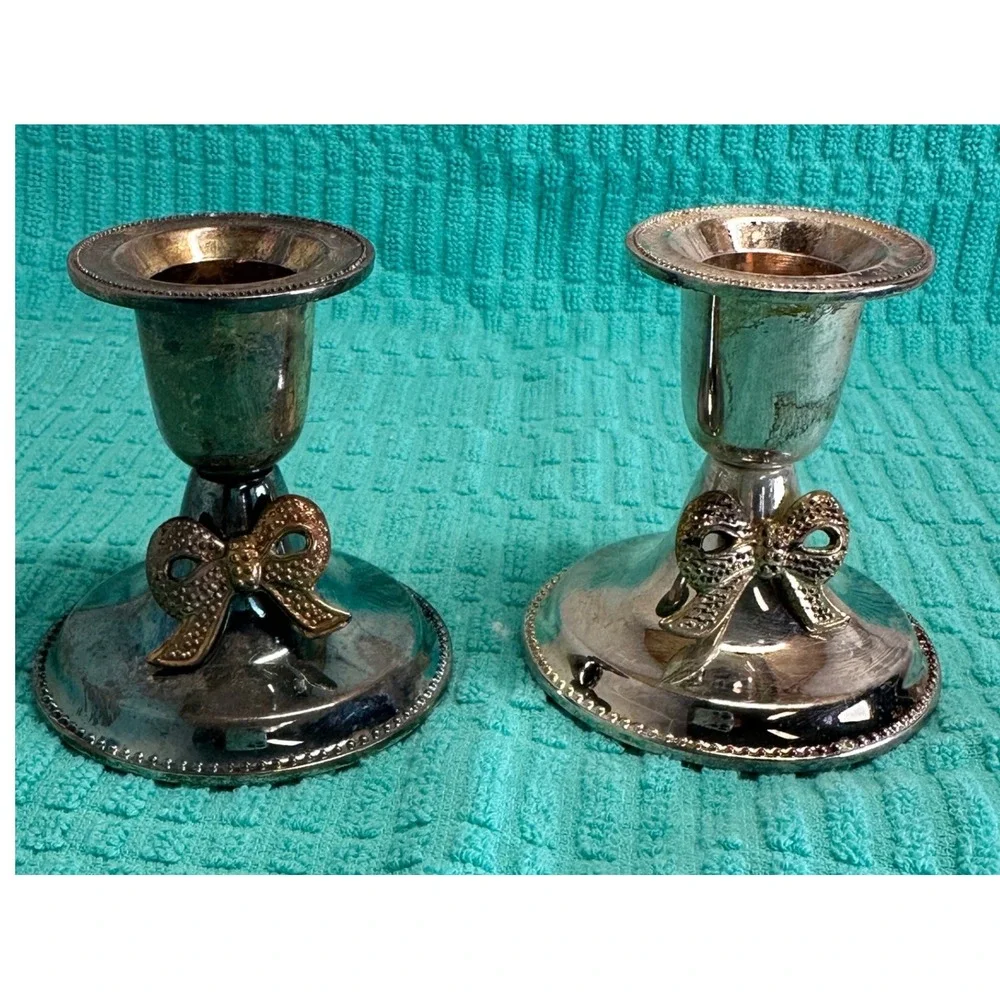 Vintage Silver Tone Bow Candlestick Holders Set of 2 Beaded Trim Weighted‎ Base